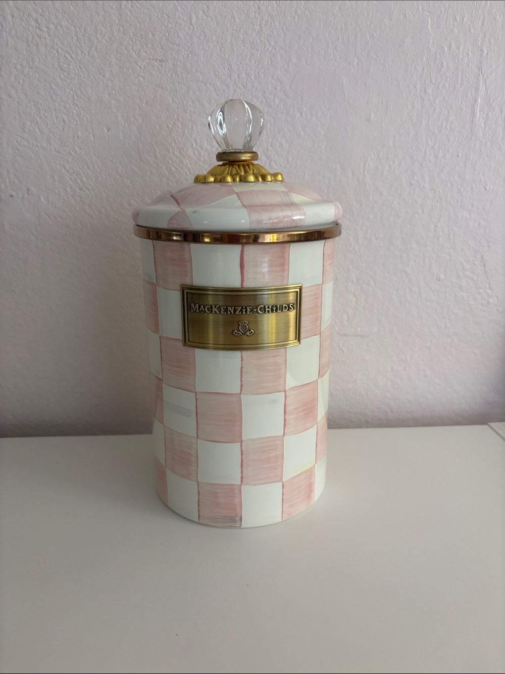 MacKenzie-Childs Pink and White Check Ceramic Canister with Gold Plaque